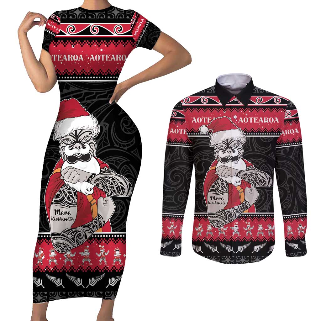 New Zealand Santa Tiki Christmas Couples Matching Short Sleeve Bodycon Dress and Long Sleeve Button Shirt Meri Kirihimete
