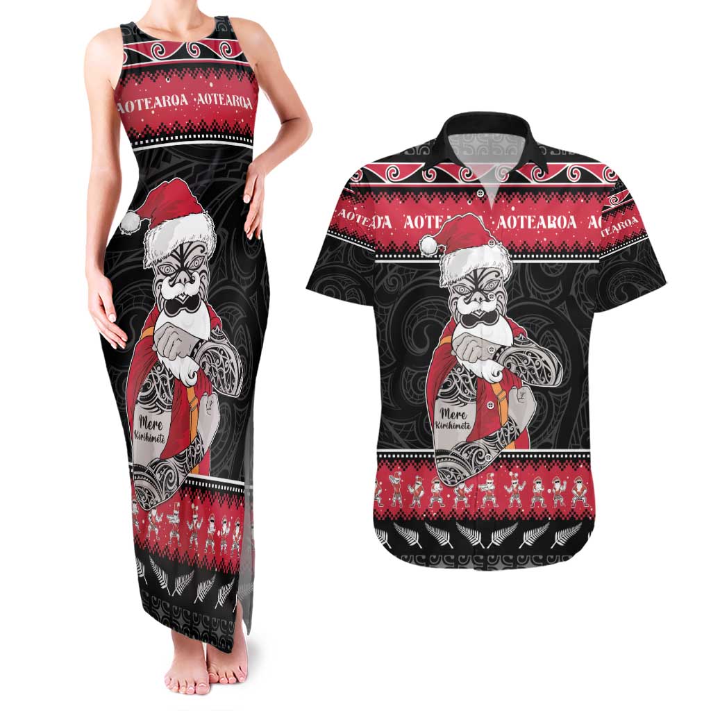 New Zealand Santa Tiki Christmas Couples Matching Tank Maxi Dress and Hawaiian Shirt Meri Kirihimete