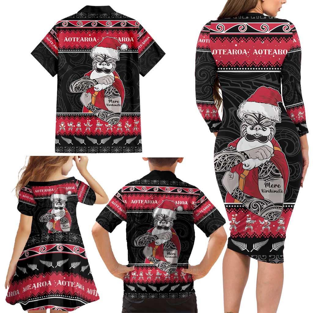 New Zealand Santa Tiki Christmas Family Matching Long Sleeve Bodycon Dress and Hawaiian Shirt Meri Kirihimete