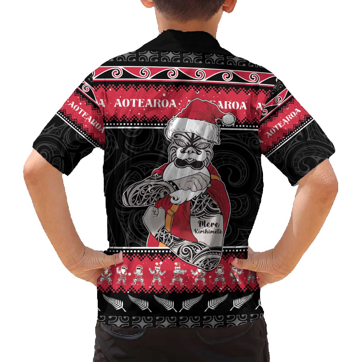 New Zealand Santa Tiki Christmas Family Matching Off The Shoulder Long Sleeve Dress and Hawaiian Shirt Meri Kirihimete