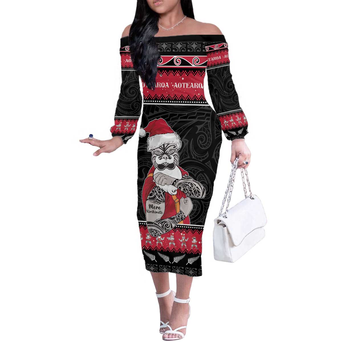 New Zealand Santa Tiki Christmas Family Matching Off The Shoulder Long Sleeve Dress and Hawaiian Shirt Meri Kirihimete