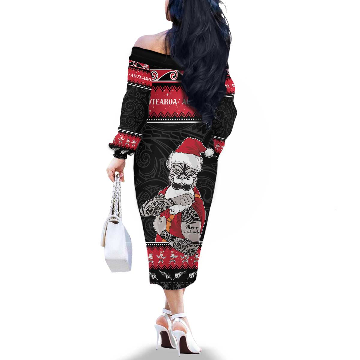 New Zealand Santa Tiki Christmas Family Matching Off The Shoulder Long Sleeve Dress and Hawaiian Shirt Meri Kirihimete