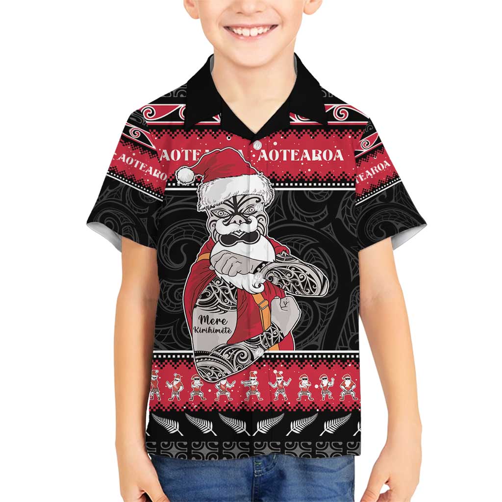 New Zealand Santa Tiki Christmas Family Matching Off Shoulder Maxi Dress and Hawaiian Shirt Meri Kirihimete LT05 Son's Shirt Black - Polynesian Pride