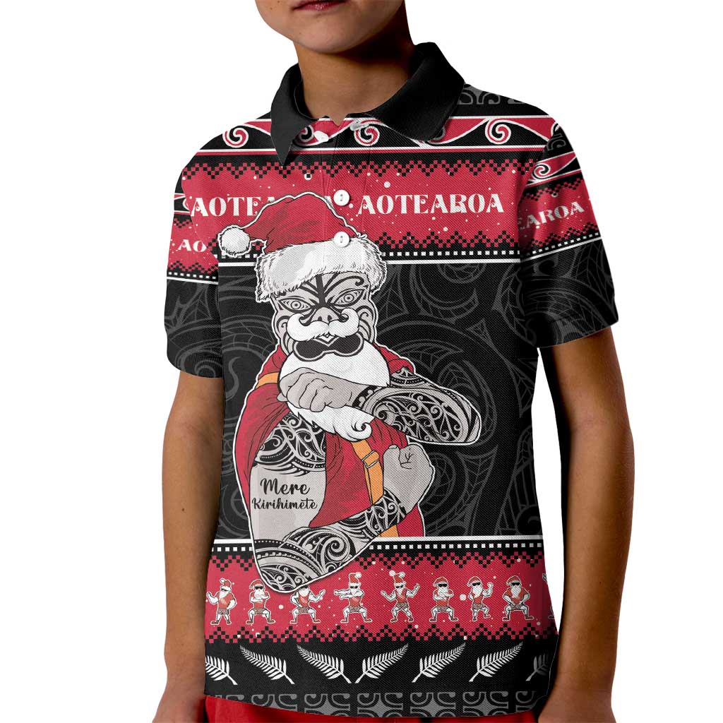 New Zealand Santa Tiki Christmas Kid Polo Shirt Meri Kirihimete LT05 Kid Black - Polynesian Pride