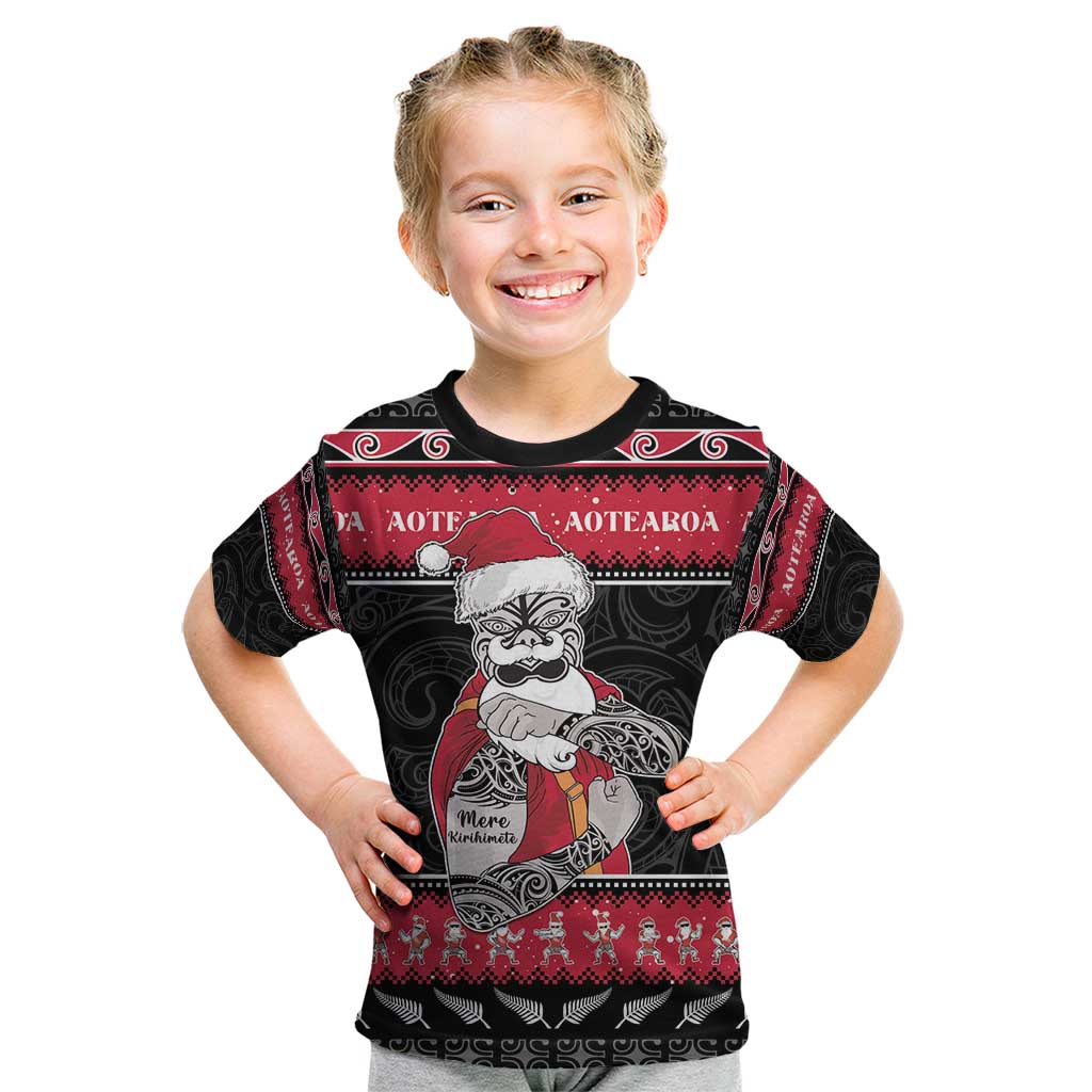 New Zealand Santa Tiki Christmas Kid T Shirt Meri Kirihimete LT05 Black - Polynesian Pride