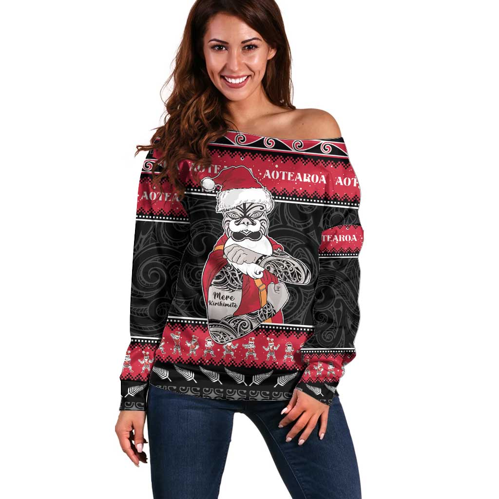 New Zealand Santa Tiki Christmas Off Shoulder Sweater Meri Kirihimete