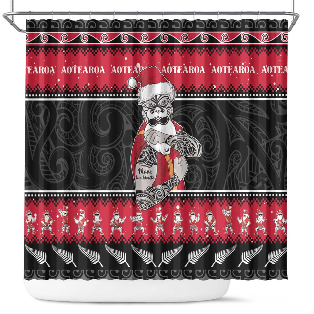 New Zealand Santa Tiki Christmas Shower Curtain Meri Kirihimete LT05 Black - Polynesian Pride