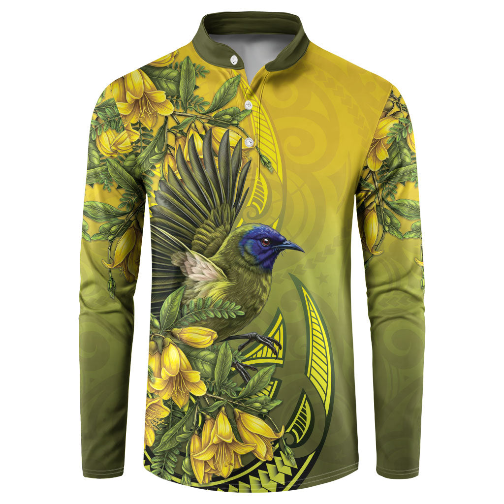 New Zealand Bellbird Button Sweatshirt With Kowhai Flowers LT05 Yellow - Polynesian Pride