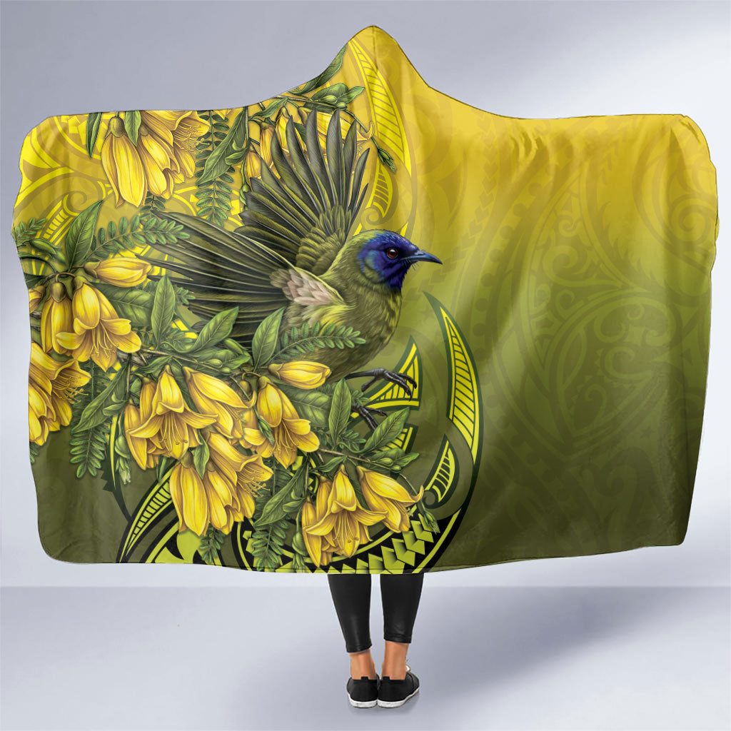 New Zealand Bellbird Hooded Blanket With Kowhai Flowers
