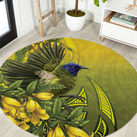 New Zealand Bellbird Round Carpet With Kowhai Flowers LT05 Yellow - Polynesian Pride