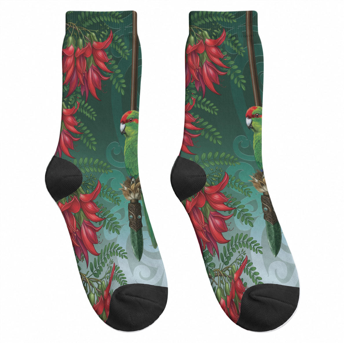 New Zealand Parakeet Bird Crew Socks With Kakabeak Flowers LT05 - Polynesian Pride