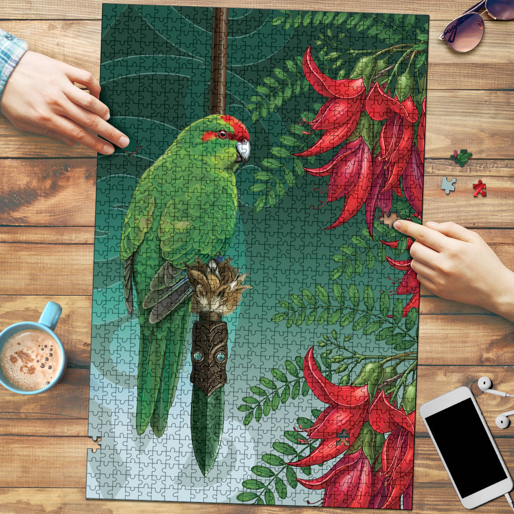 New Zealand Parakeet Bird Puzzle With Kakabeak Flowers LT05 Teal - Polynesian Pride