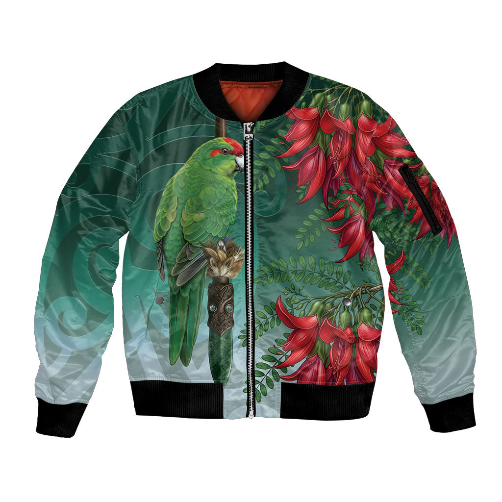 New Zealand Parakeet Bird Sleeve Zip Bomber Jacket With Kakabeak Flowers