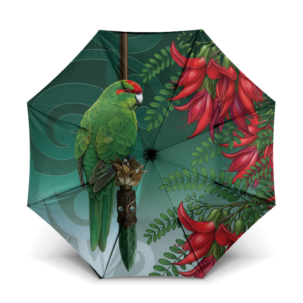 New Zealand Parakeet Bird Umbrella With Kakabeak Flowers LT05 One Size Folded 11.42 inch Opened Diameter 37.4 inch Teal - Polynesian Pride
