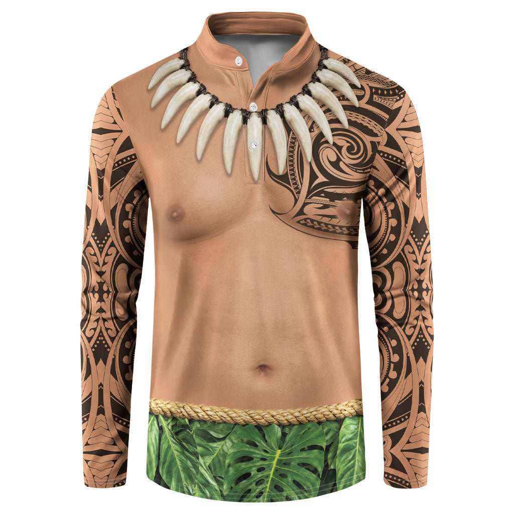 Hawaii Tribal Tattoo Costume Button Sweatshirt Shark Tooth Necklace Leaf Skirt LT05 Beige - Polynesian Pride