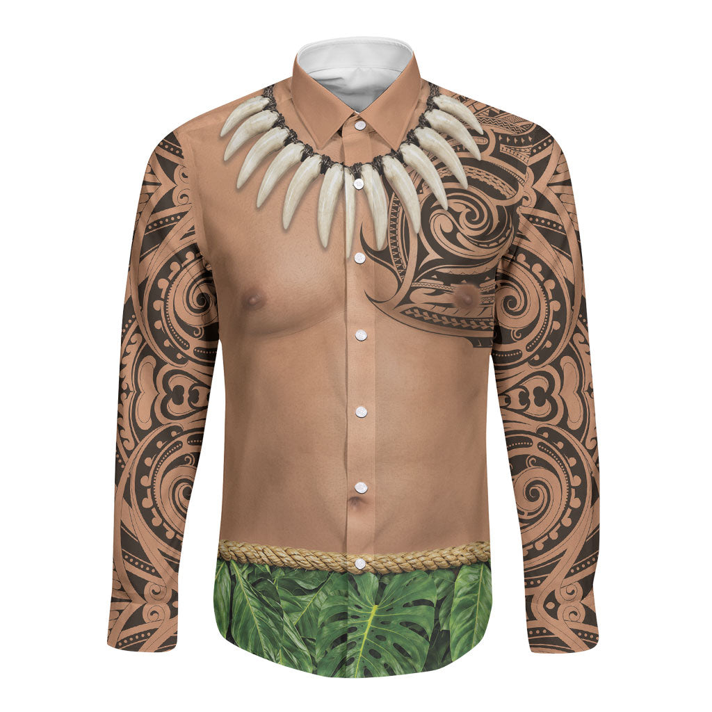 Hawaii Tribal Tattoo Costume Long Sleeve Button Shirt Shark Tooth Necklace Leaf Skirt LT05 Unisex Beige - Polynesian Pride