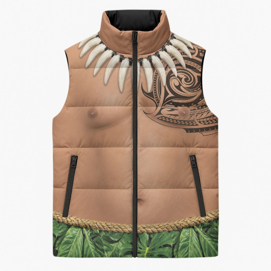 Hawaii Tribal Tattoo Costume Sleeveless Puffer Jacket Shark Tooth Necklace Leaf Skirt LT05 Unisex Beige - Polynesian Pride