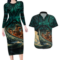 Personalised New Zealand Tamaki Herenga Waka Festival Couples Matching Long Sleeve Bodycon Dress and Hawaiian Shirt Maori Pattern LT05 Dark Turquoise - Polynesian Pride