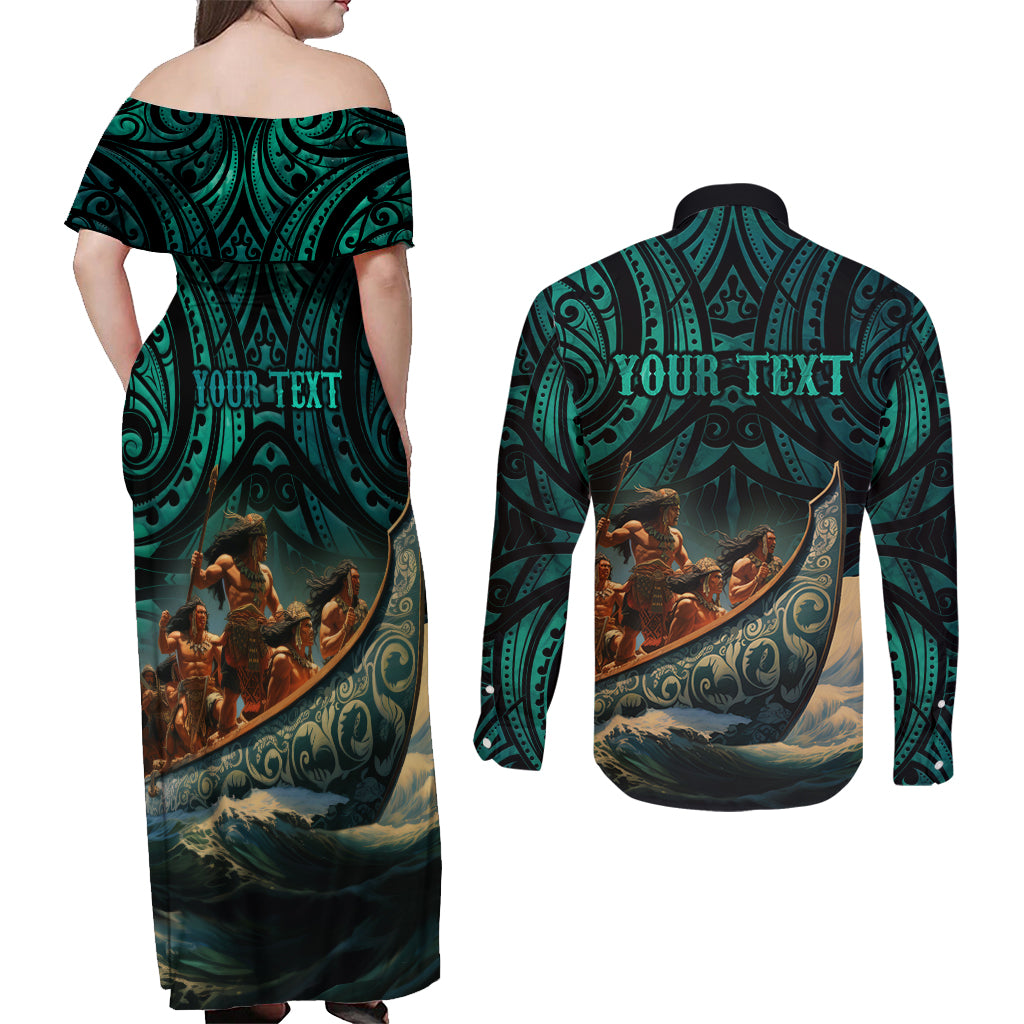 Personalised New Zealand Tamaki Herenga Waka Festival Couples Matching Off Shoulder Maxi Dress and Long Sleeve Button Shirt Maori Pattern LT05 - Polynesian Pride