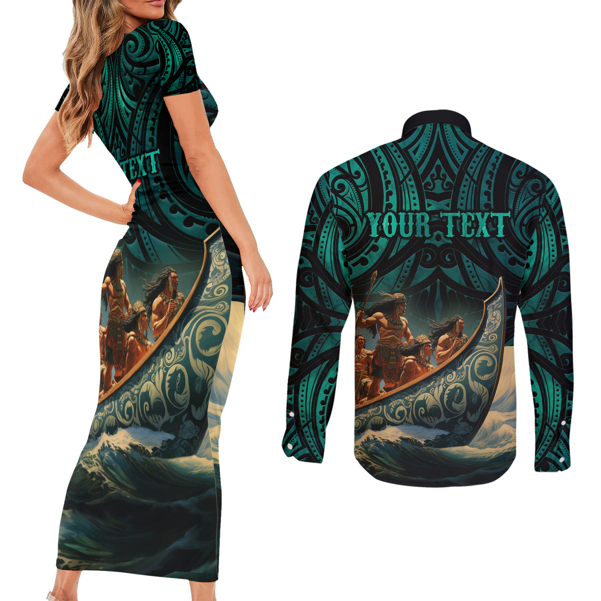 Personalised New Zealand Tamaki Herenga Waka Festival Couples Matching Short Sleeve Bodycon Dress and Long Sleeve Button Shirt Maori Pattern LT05 - Polynesian Pride