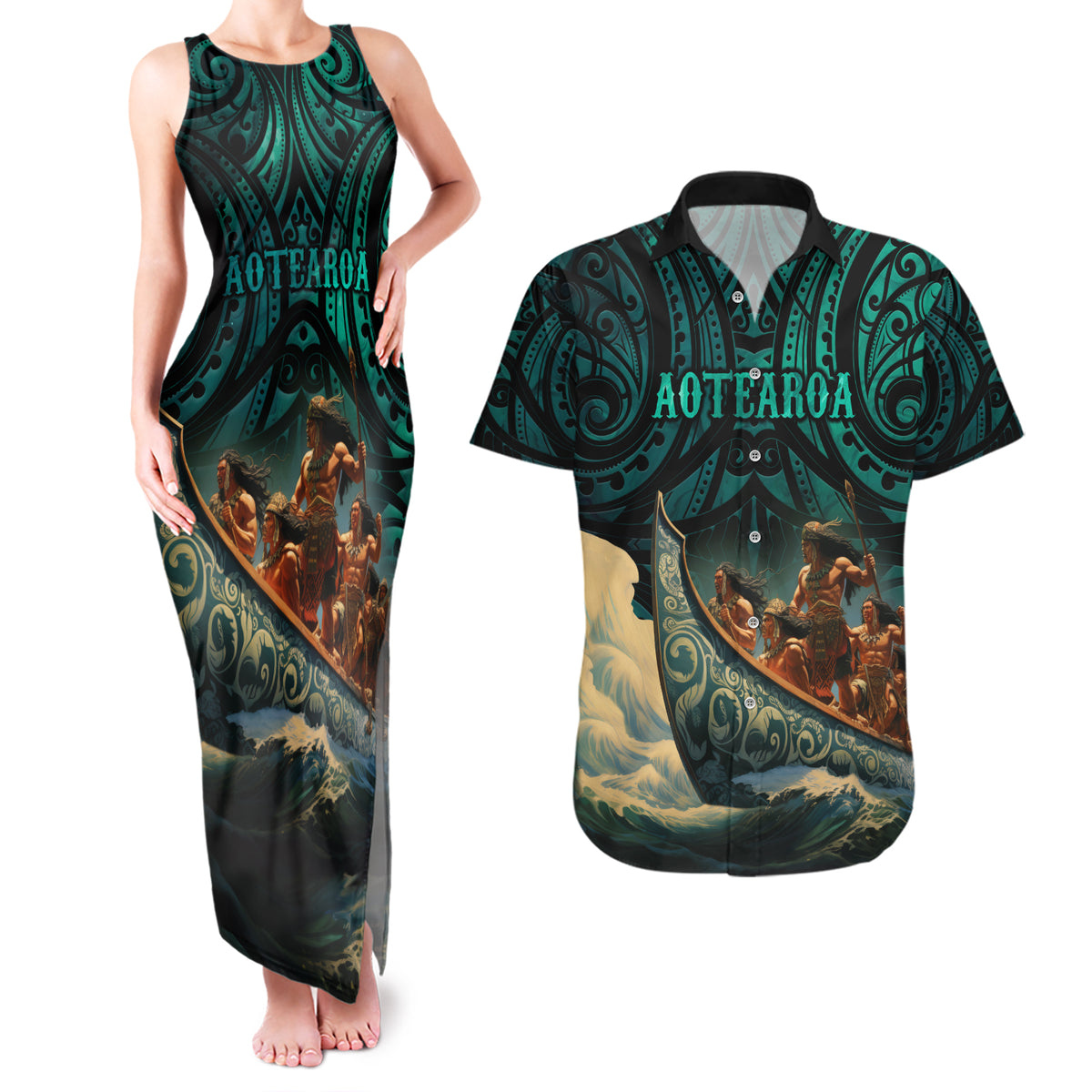 Personalised New Zealand Tamaki Herenga Waka Festival Couples Matching Tank Maxi Dress and Hawaiian Shirt Maori Pattern LT05 Dark Turquoise - Polynesian Pride