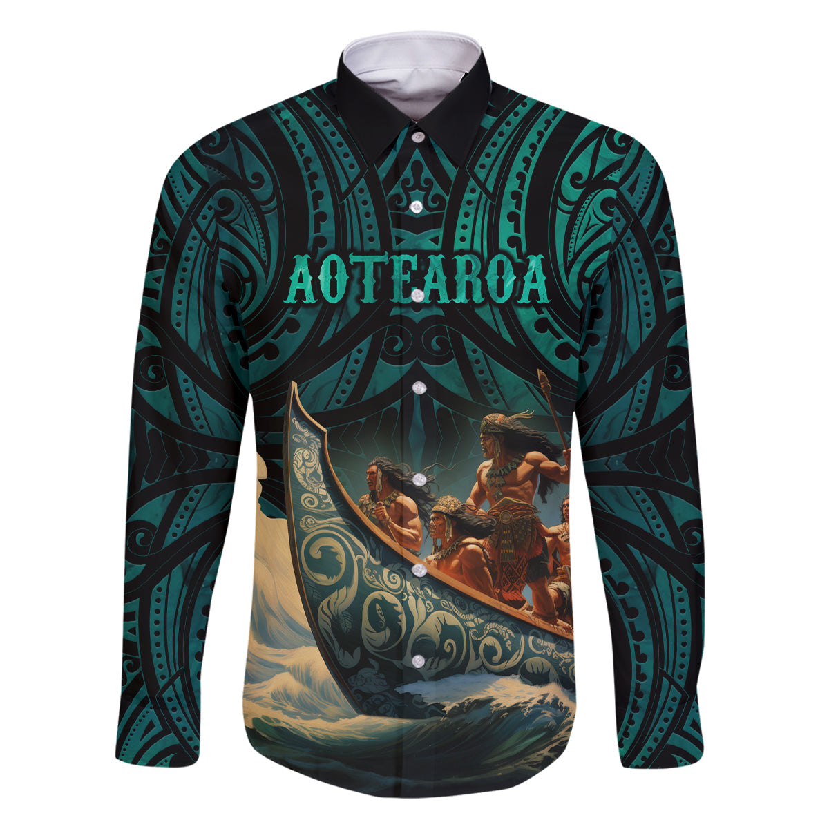 Personalised New Zealand Tamaki Herenga Waka Festival Family Matching Off Shoulder Maxi Dress and Hawaiian Shirt Maori Pattern LT05 Dad's Shirt - Long Sleeve Dark Turquoise - Polynesian Pride