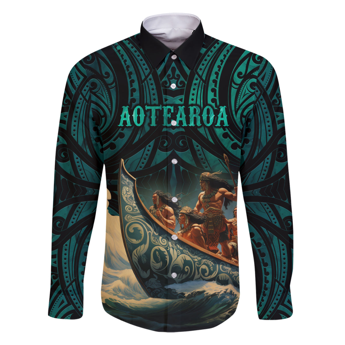 Personalised New Zealand Tamaki Herenga Waka Festival Family Matching Short Sleeve Bodycon Dress and Hawaiian Shirt Maori Pattern LT05 Dad's Shirt - Long Sleeve Dark Turquoise - Polynesian Pride
