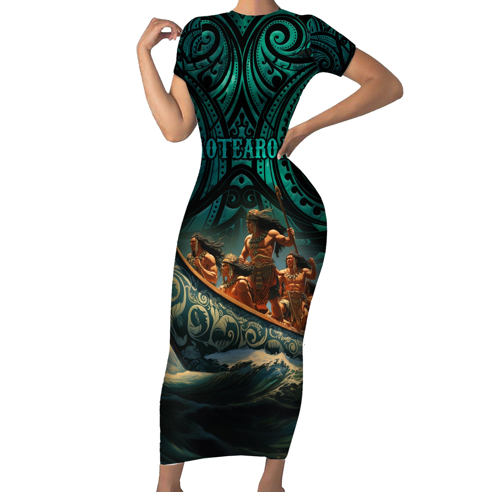 Personalised New Zealand Tamaki Herenga Waka Festival Short Sleeve Bodycon Dress Maori Pattern LT05 Long Dress Dark Turquoise - Polynesian Pride