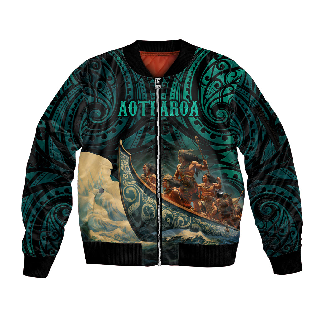 Personalised New Zealand Tamaki Herenga Waka Festival Sleeve Zip Bomber Jacket Maori Pattern LT05 Unisex Dark Turquoise - Polynesian Pride