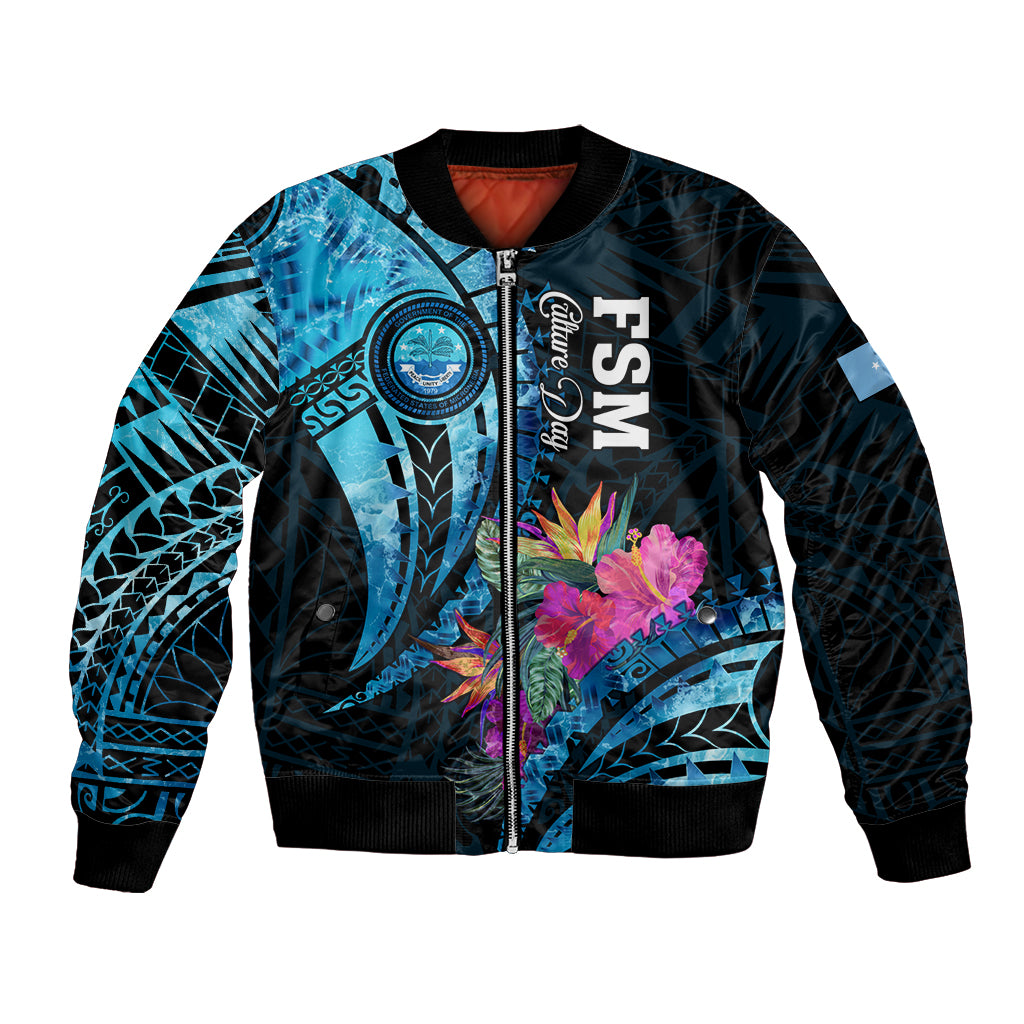 Personalised FSM Culture Day Bomber Jacket Tropical Flowers Tribal Pattern LT05 Unisex Blue - Polynesian Pride