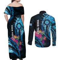 Personalised FSM Culture Day Couples Matching Off Shoulder Maxi Dress and Long Sleeve Button Shirt Tropical Flowers Tribal Pattern LT05 - Polynesian Pride