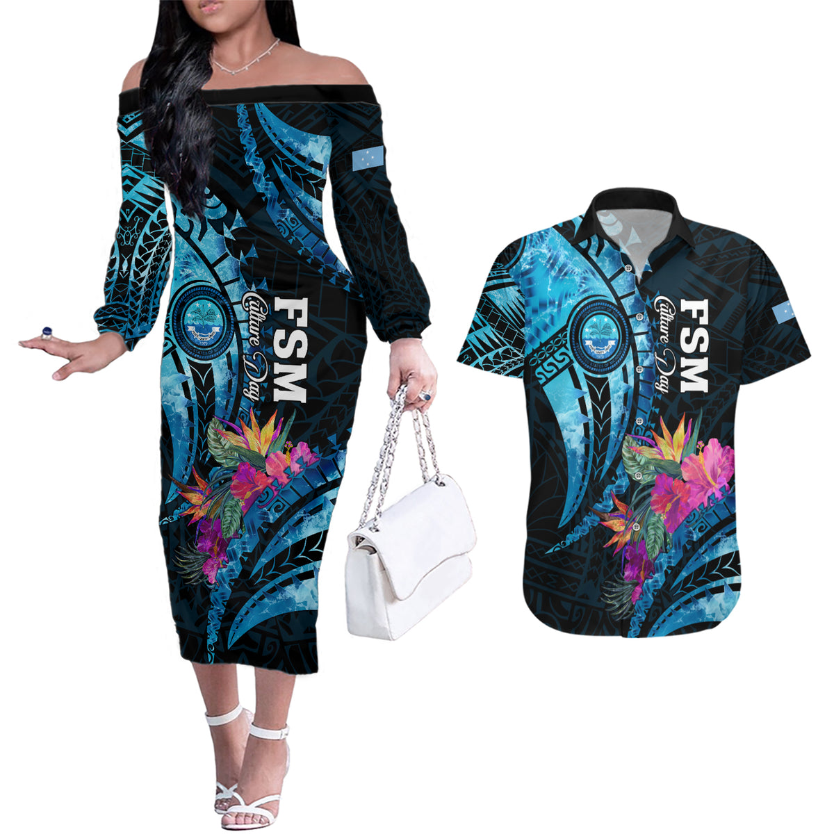 Personalised FSM Culture Day Couples Matching Off The Shoulder Long Sleeve Dress and Hawaiian Shirt Tropical Flowers Tribal Pattern LT05 Blue - Polynesian Pride