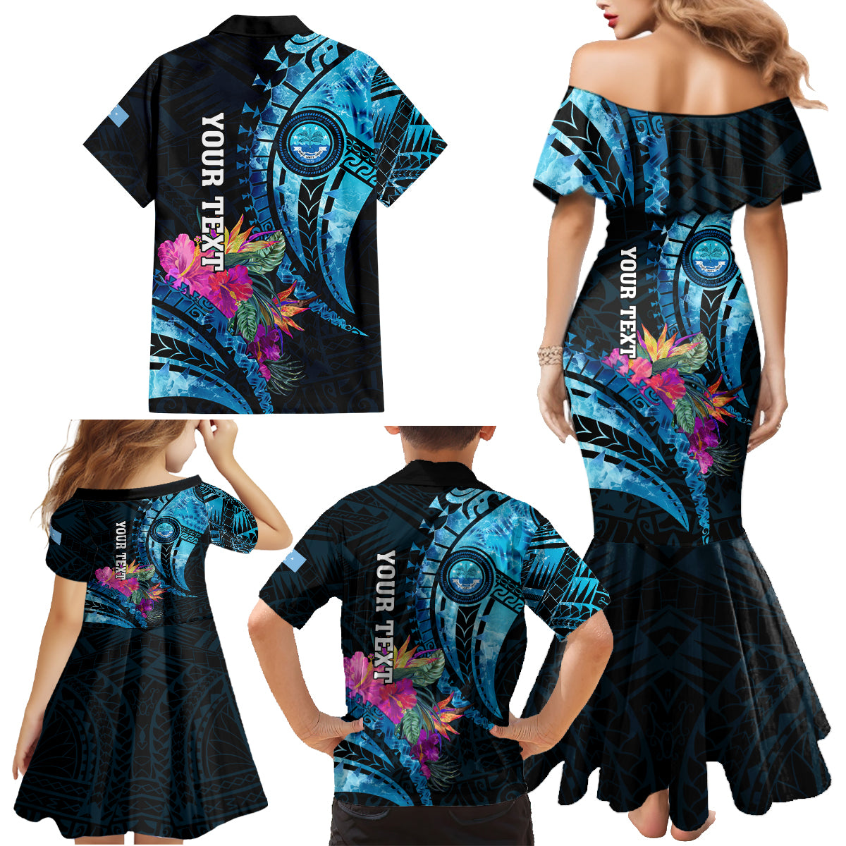 Personalised FSM Culture Day Family Matching Mermaid Dress and Hawaiian Shirt Tropical Flowers Tribal Pattern LT05 - Polynesian Pride