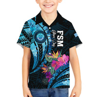 Personalised FSM Culture Day Family Matching Off Shoulder Short Dress and Hawaiian Shirt Tropical Flowers Tribal Pattern LT05 Son's Shirt Blue - Polynesian Pride