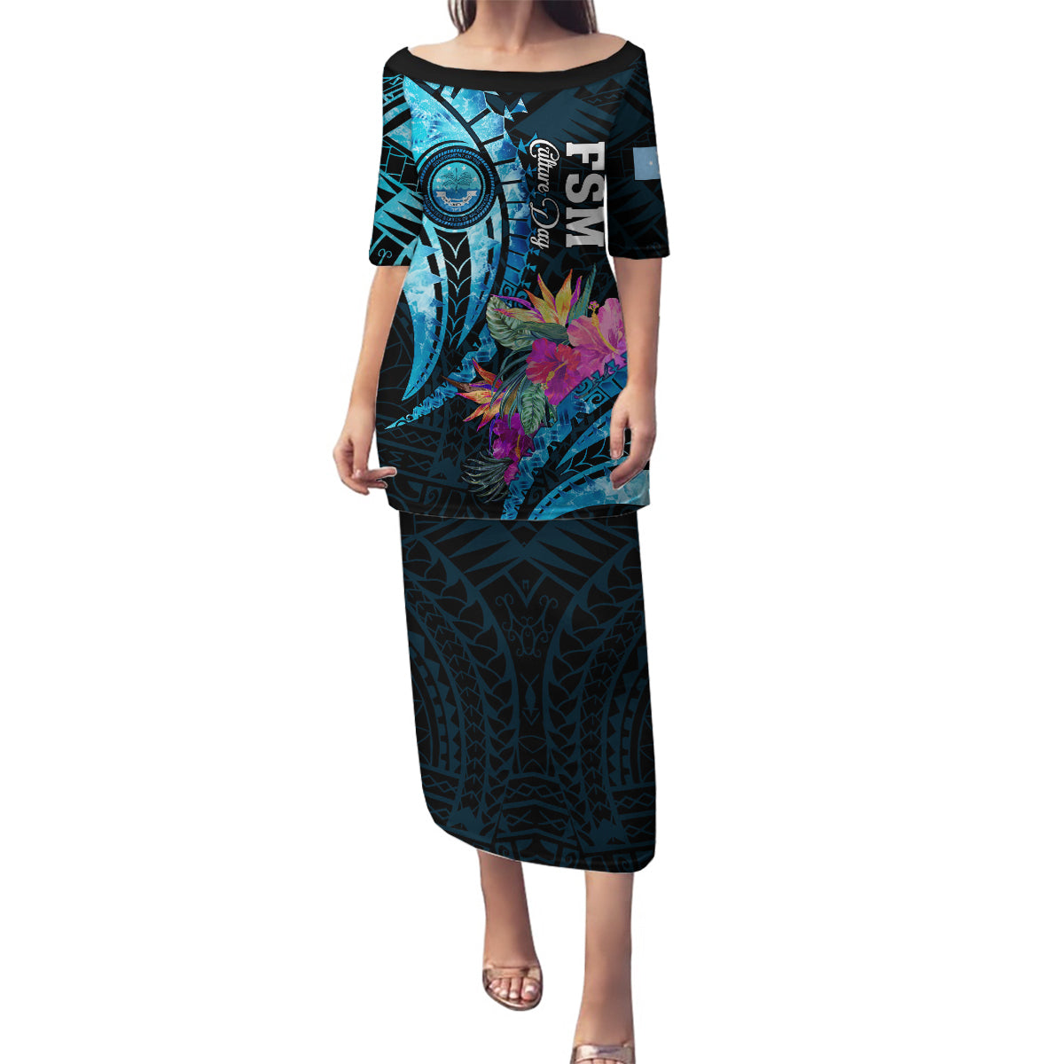 Personalised FSM Culture Day Family Matching Puletasi and Hawaiian Shirt Tropical Flowers Tribal Pattern LT05 Mom's Dress Blue - Polynesian Pride
