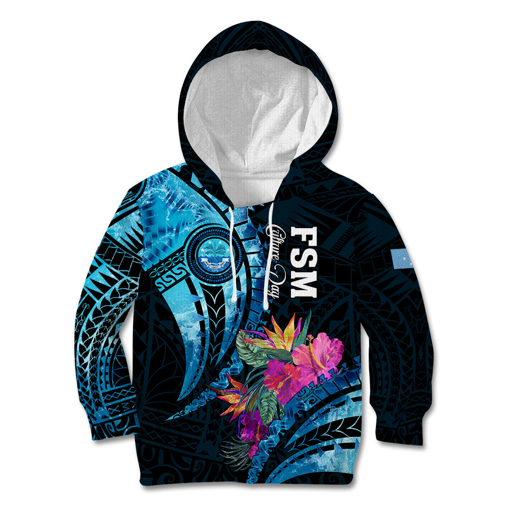 Personalised FSM Culture Day Kid Hoodie Tropical Flowers Tribal Pattern LT05 Hoodie Blue - Polynesian Pride