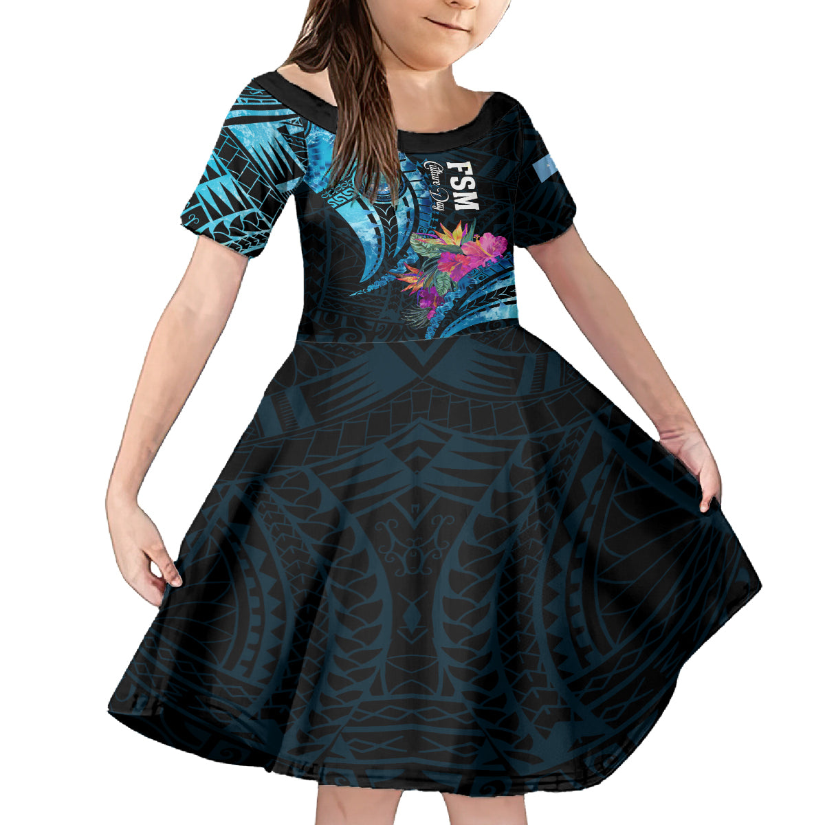 Personalised FSM Culture Day Kid Short Sleeve Dress Tropical Flowers Tribal Pattern LT05 KID Blue - Polynesian Pride