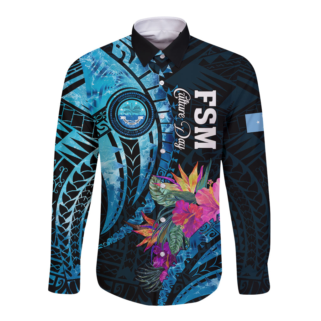 Personalised FSM Culture Day Long Sleeve Button Shirt Tropical Flowers Tribal Pattern LT05 Unisex Blue - Polynesian Pride