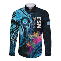 Personalised FSM Culture Day Long Sleeve Button Shirt Tropical Flowers Tribal Pattern LT05 Unisex Blue - Polynesian Pride