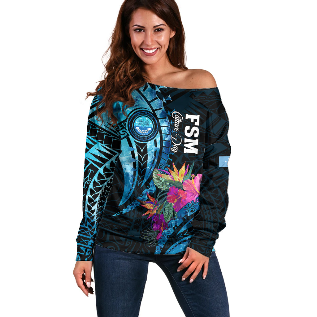 Personalised FSM Culture Day Off Shoulder Sweater Tropical Flowers Tribal Pattern LT05 Women Blue - Polynesian Pride
