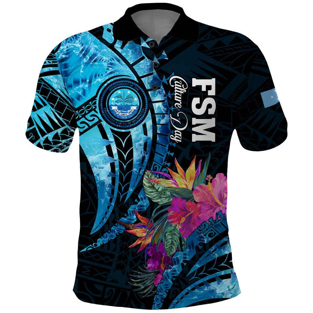 Personalised FSM Culture Day Polo Shirt Tropical Flowers Tribal Pattern LT05 Blue - Polynesian Pride