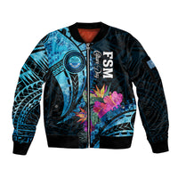 Personalised FSM Culture Day Sleeve Zip Bomber Jacket Tropical Flowers Tribal Pattern LT05 Unisex Blue - Polynesian Pride