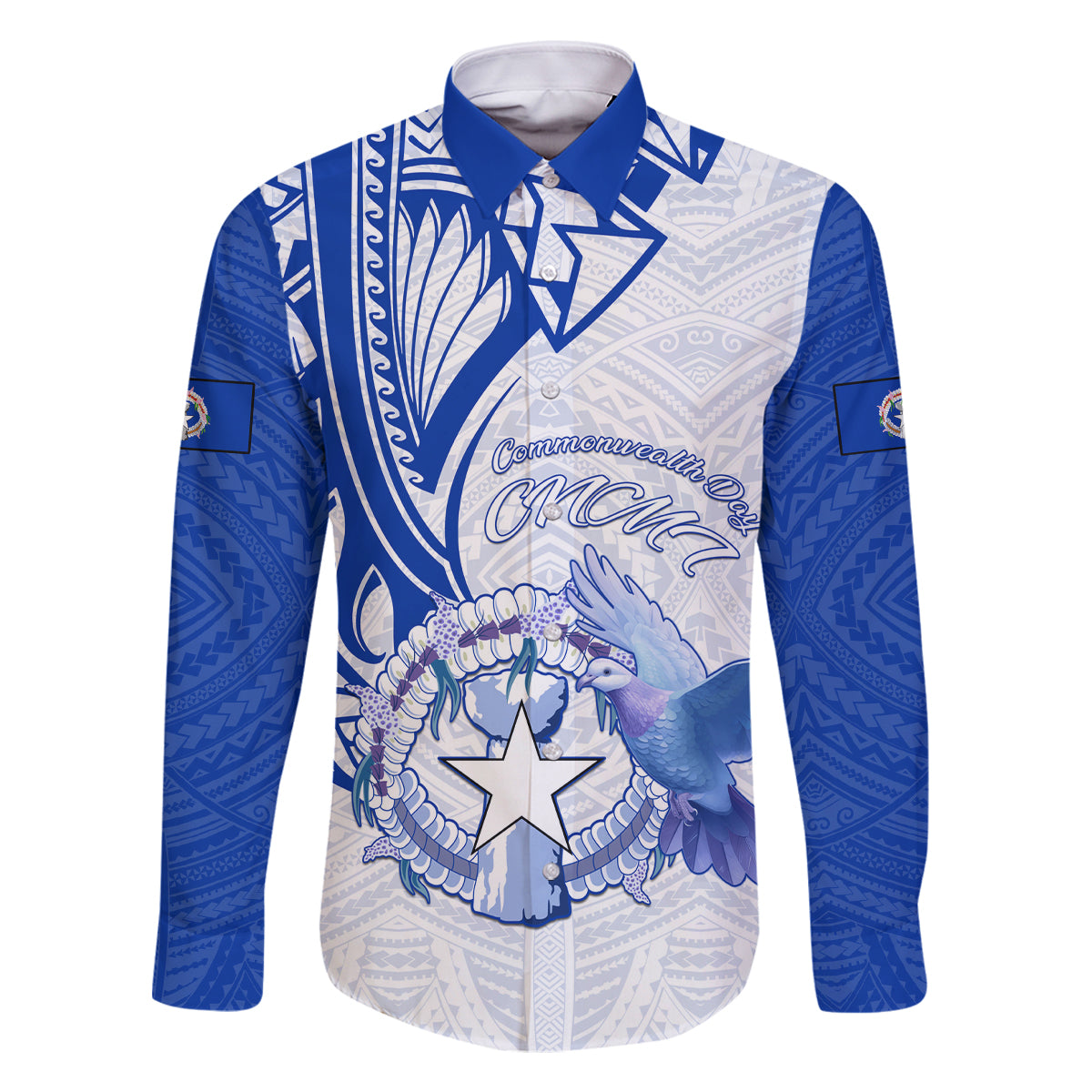 Personalised Northern Mariana Islands Commonwealth Day Family Matching Off Shoulder Maxi Dress and Hawaiian Shirt Simple Style LT05 Dad's Shirt - Long Sleeve Blue - Polynesian Pride