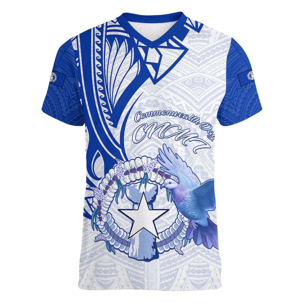 Personalised Northern Mariana Islands Commonwealth Day Women V Neck T Shirt Simple Style LT05 Female Blue - Polynesian Pride