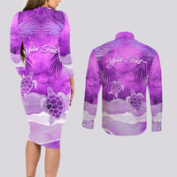Personalised Pasifika Festival Couples Matching Long Sleeve Bodycon Dress and Long Sleeve Button Shirt Violet Tropical Turtle LT05 - Polynesian Pride