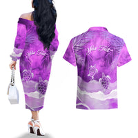 Personalised Pasifika Festival Couples Matching Off The Shoulder Long Sleeve Dress and Hawaiian Shirt Violet Tropical Turtle LT05 - Polynesian Pride