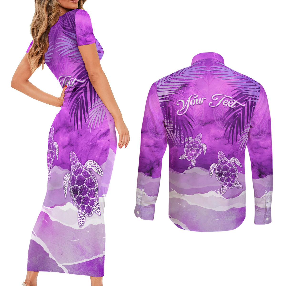 Personalised Pasifika Festival Couples Matching Short Sleeve Bodycon Dress and Long Sleeve Button Shirt Violet Tropical Turtle LT05 - Polynesian Pride