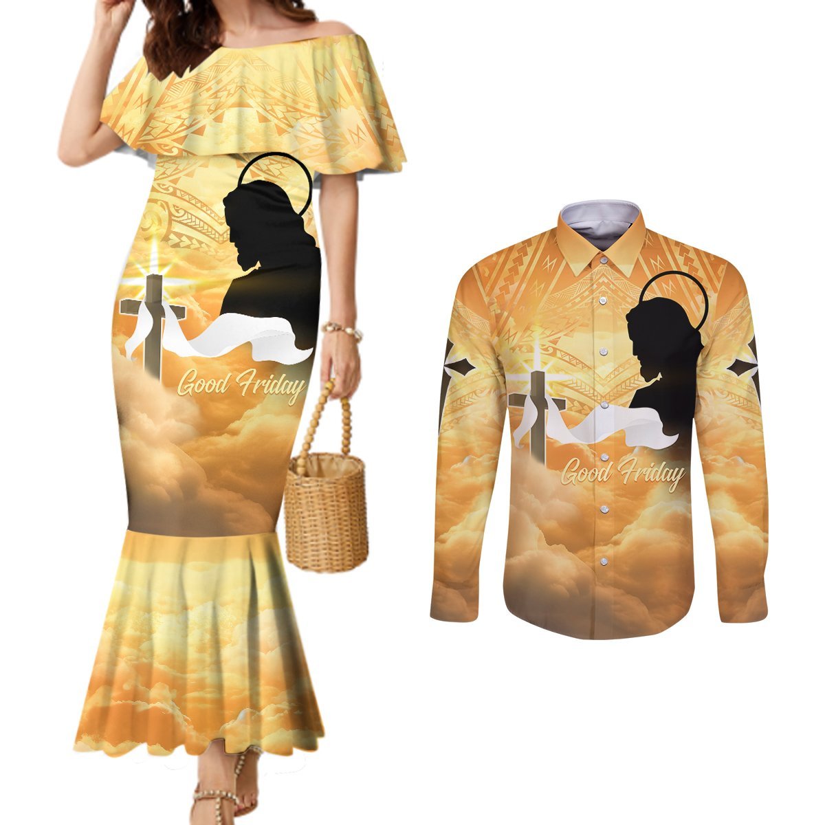 Happy Good Friday Couples Matching Mermaid Dress and Long Sleeve Button Shirt God Will Bless You LT05 Gold - Polynesian Pride