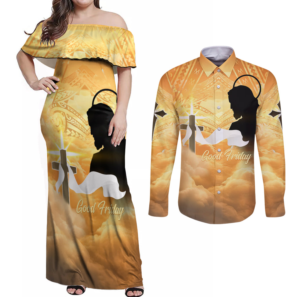 Happy Good Friday Couples Matching Off Shoulder Maxi Dress and Long Sleeve Button Shirt God Will Bless You LT05 Gold - Polynesian Pride