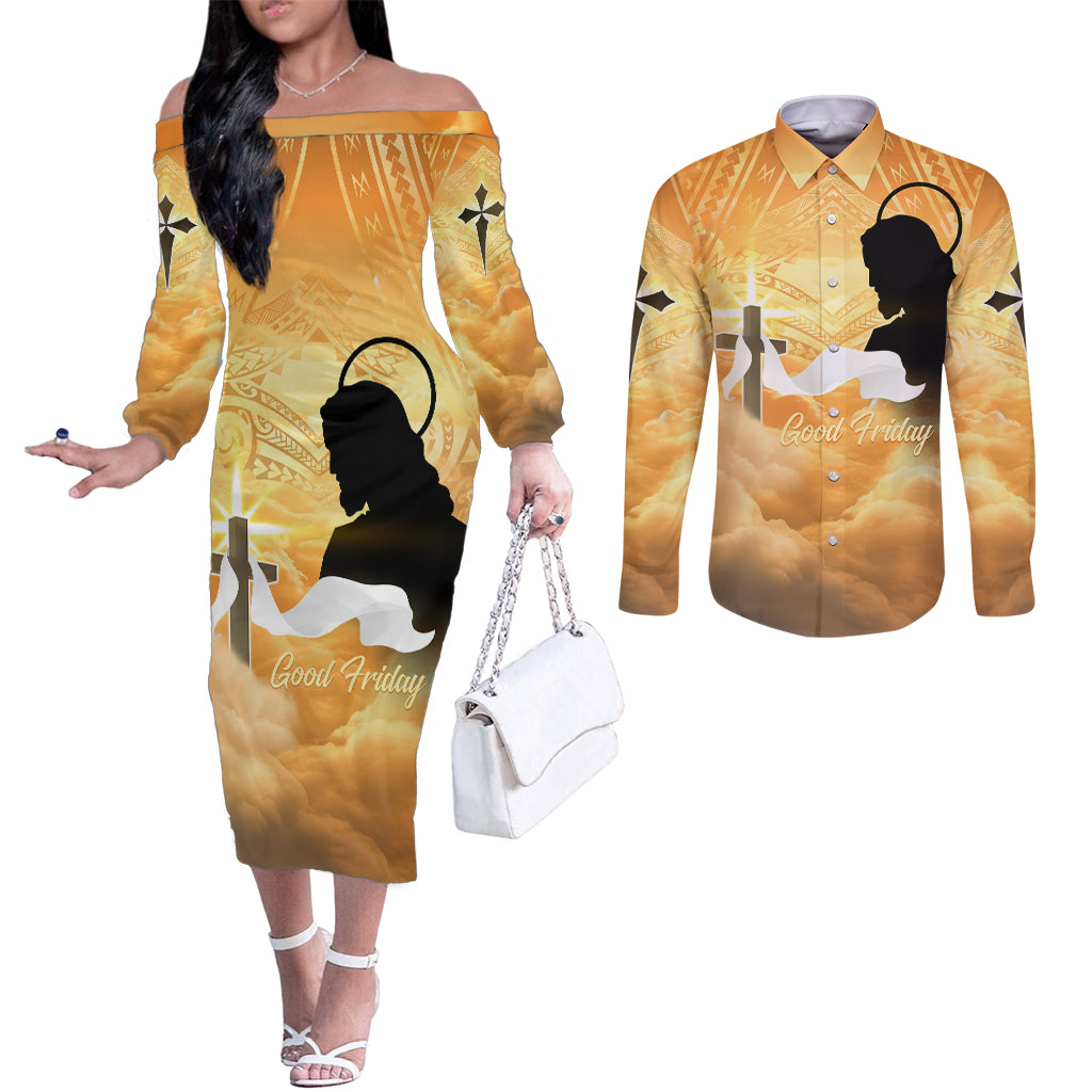 Happy Good Friday Couples Matching Off The Shoulder Long Sleeve Dress and Long Sleeve Button Shirt God Will Bless You LT05 Gold - Polynesian Pride